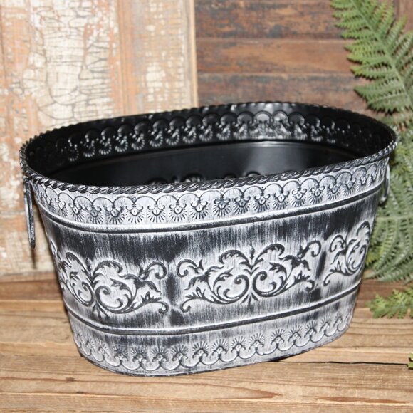 NEW Ornate Black & White French Country Gothic Halloween Metal Bucket w/Handles - Picture 9 of 9